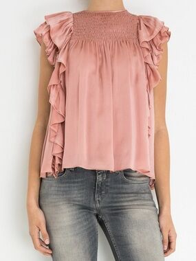 Blush Pink Ruffled Smocked Yoke Sleeveless Top